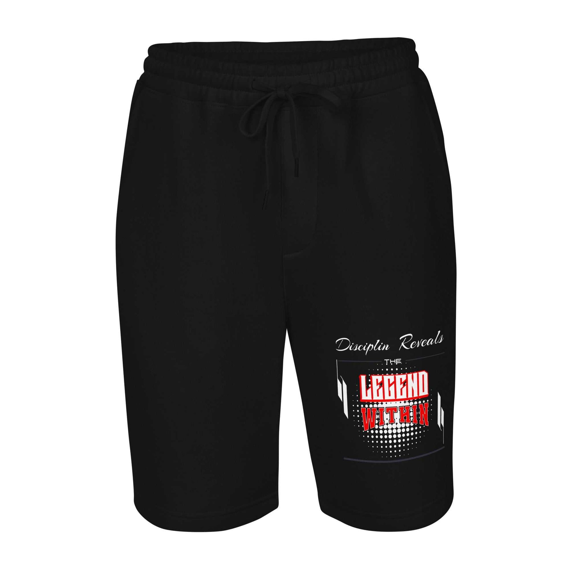 LEGENDWITHIN men's black fleece shorts with elastic waistband and drawcord, tapered knee opening, and front graphic print