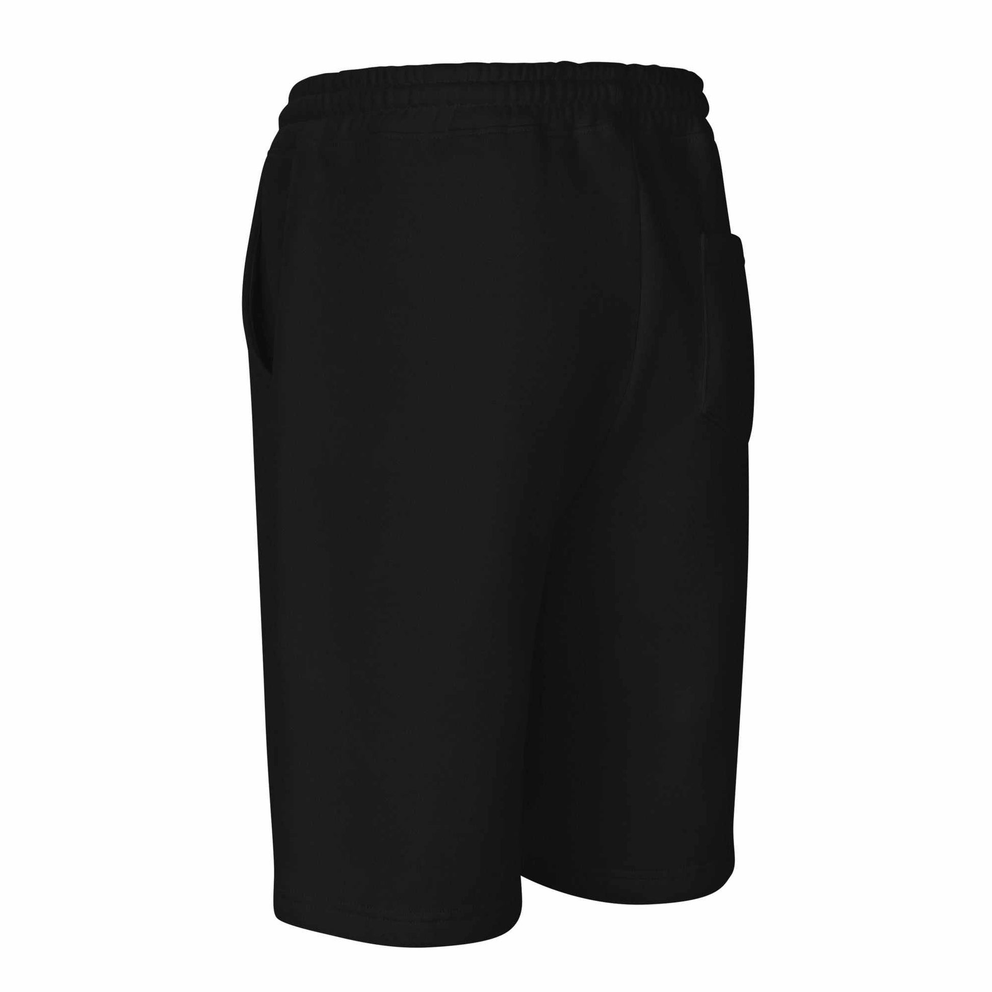 legendwithin Men's fleece shorts in black with elastic waistband, drawcord, back pocket, and jersey-lined hand pockets