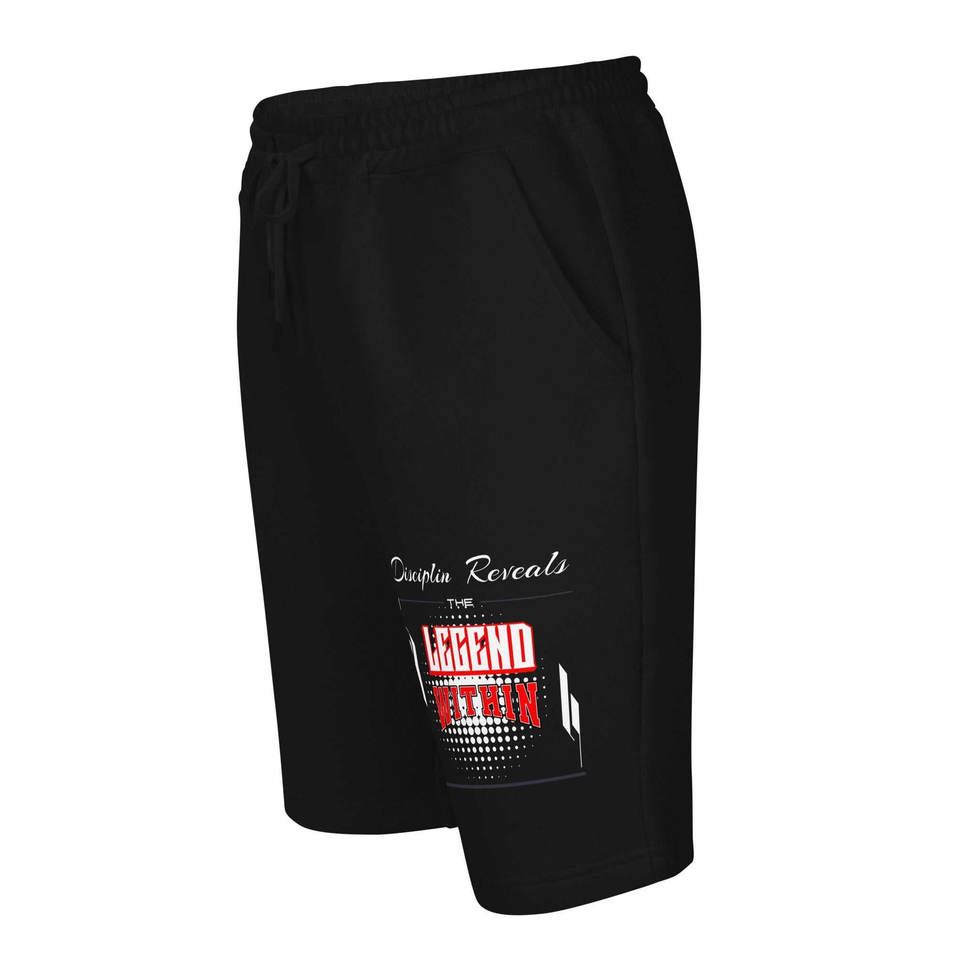 Black LEGENDWITHIN men's fleece shorts with elastic waistband, drawcord, pockets, and graphic print