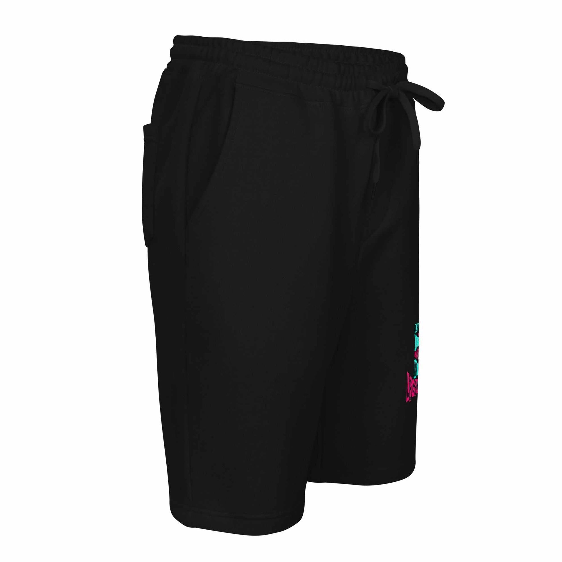 legendwithin Men's black fleece shorts with elastic waistband, drawcord, and multiple pockets, comfortable and relaxed fit