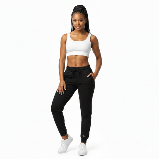 Black SOAURA fleece sweatpants with elastic waistband and subtle ankle logo for lasting comfort and style