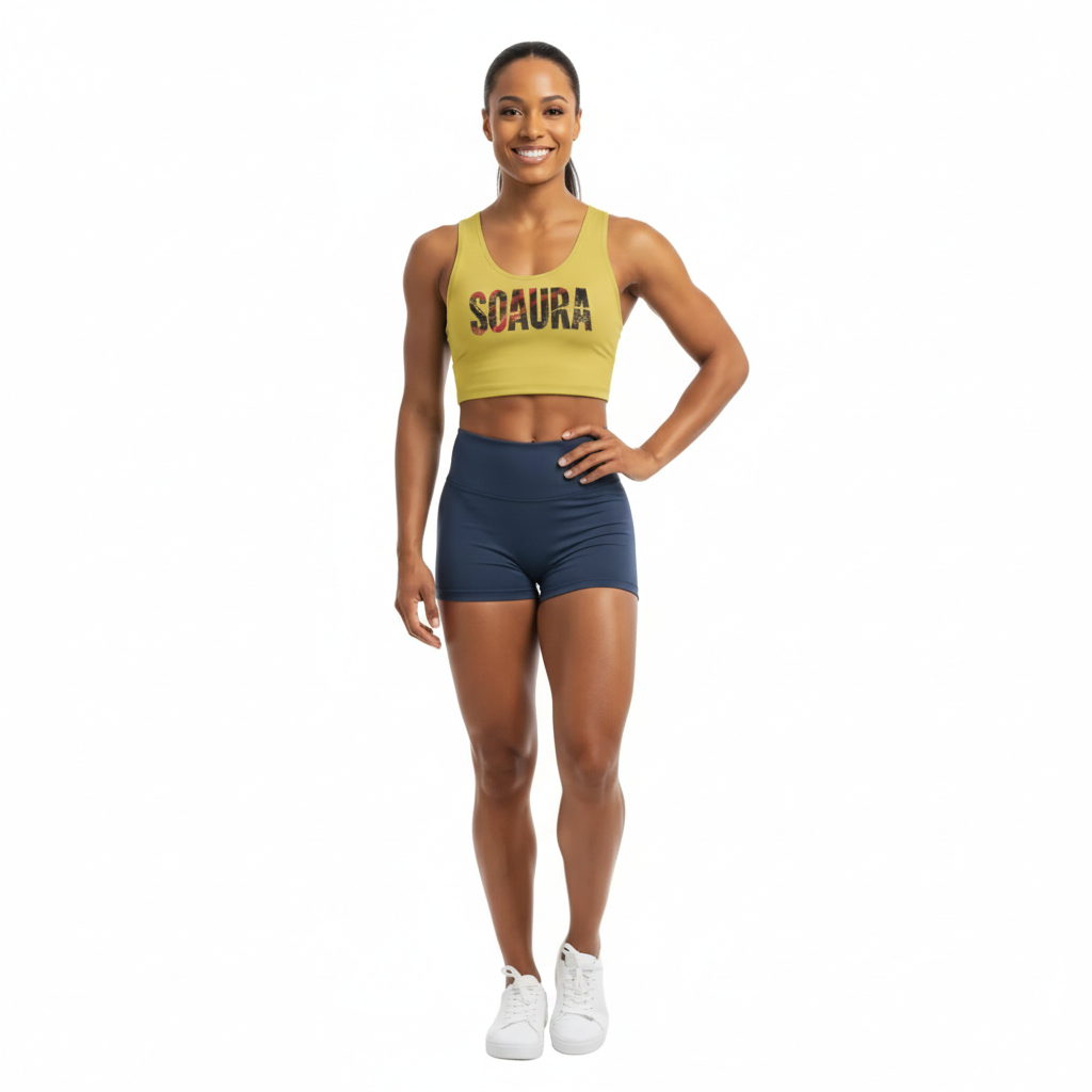 SoAura Gold Crop Top in radiant gold with stretchy, body-hugging fit for confident women