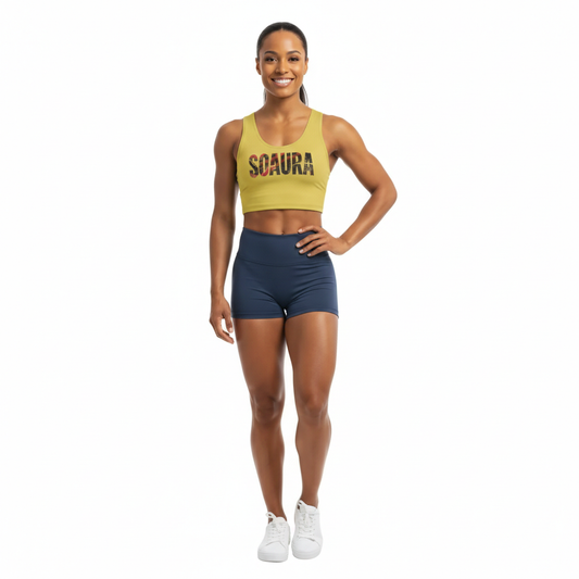 SoAura Gold Crop Top in radiant gold with stretchy, body-hugging fit for confident women