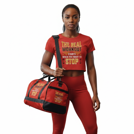 Black polyester duffle bag with multiple pockets and adjustable padded shoulder strap