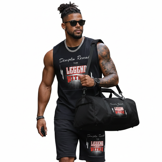 LegendWithin Discipline Duffle bag in black with multiple pockets and adjustable padded strap