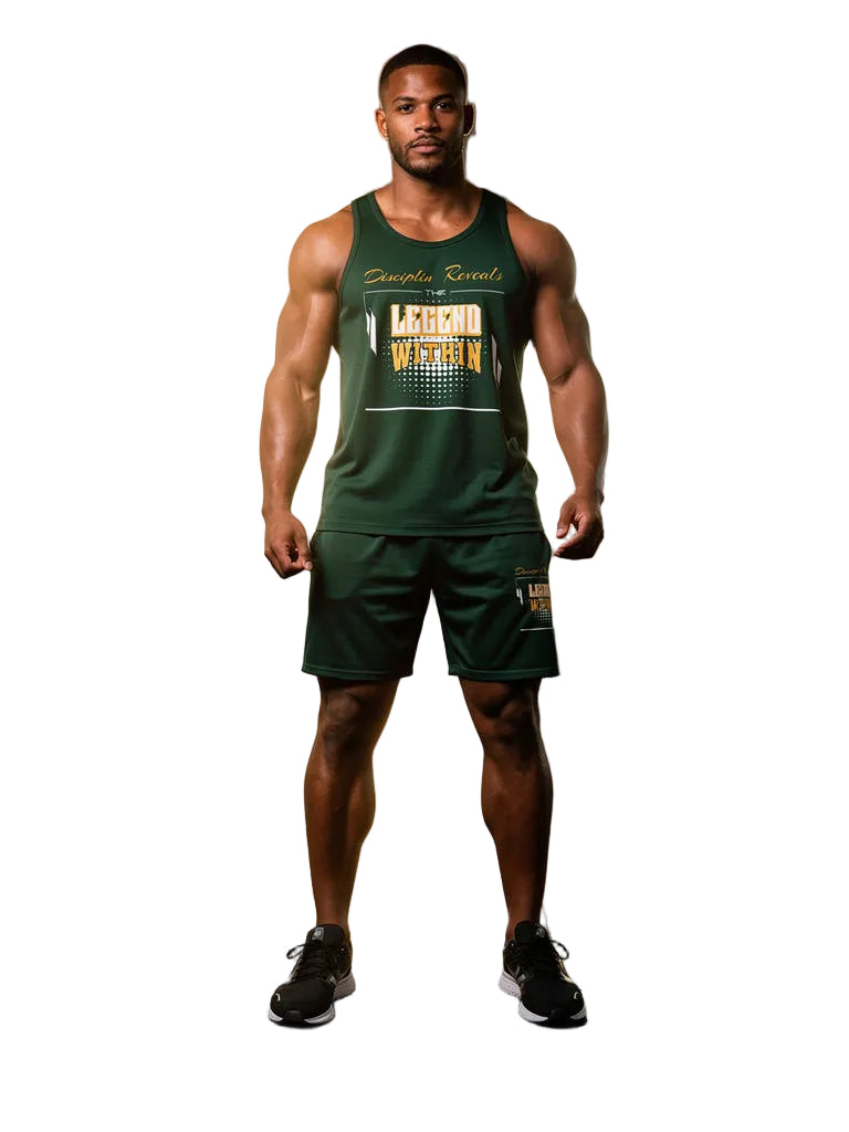 Man wearing green LegendWithin Tank Top and matching shorts in gym with fitness equipment background
