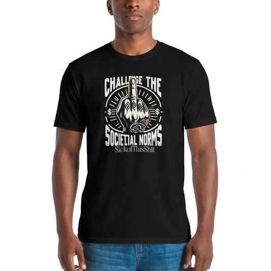"Challenge the Societal Norms" T-shirt with raised middle finger design, soft polyester-spandex blend, bold statement of defiance and individuality