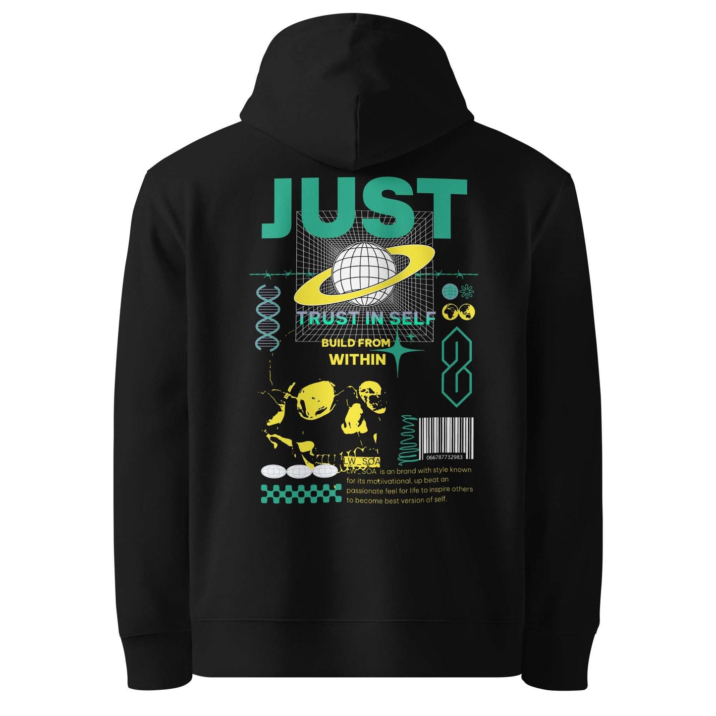 Black Legendwithin Trust Hoodie with colorful graphic design and motivational text on the back, made from eco-friendly organic cotton and recycled polyester with a relaxed fit and kangaroo pocket.