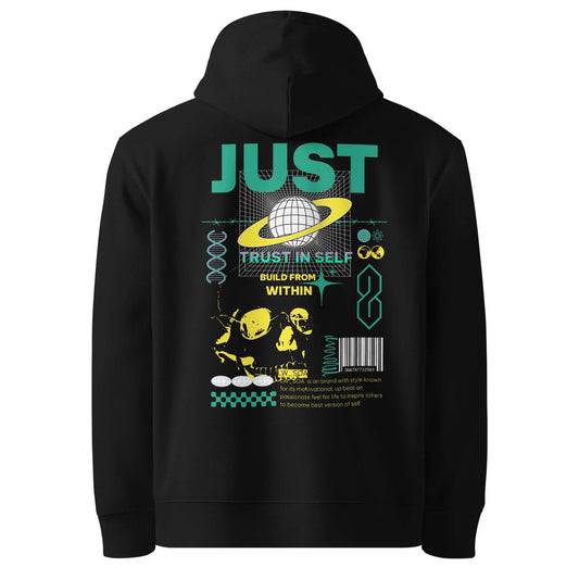 Black Legendwithin Trust Hoodie with colorful graphic design and motivational text on the back, made from eco-friendly organic cotton and recycled polyester with a relaxed fit and kangaroo pocket.
