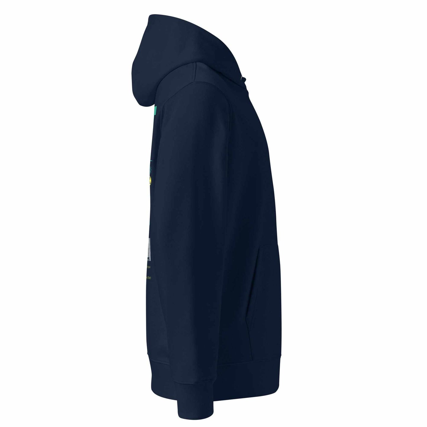 Legendwithin Trust Hoodie eco-friendly navy unisex hoodie side view with kangaroo pocket and double-layered hood