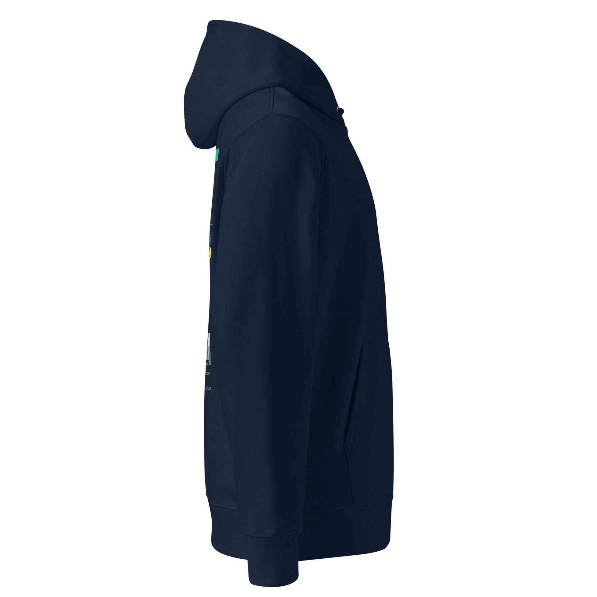 Legendwithin Trust Hoodie eco-friendly navy unisex hoodie side view with kangaroo pocket and double-layered hood