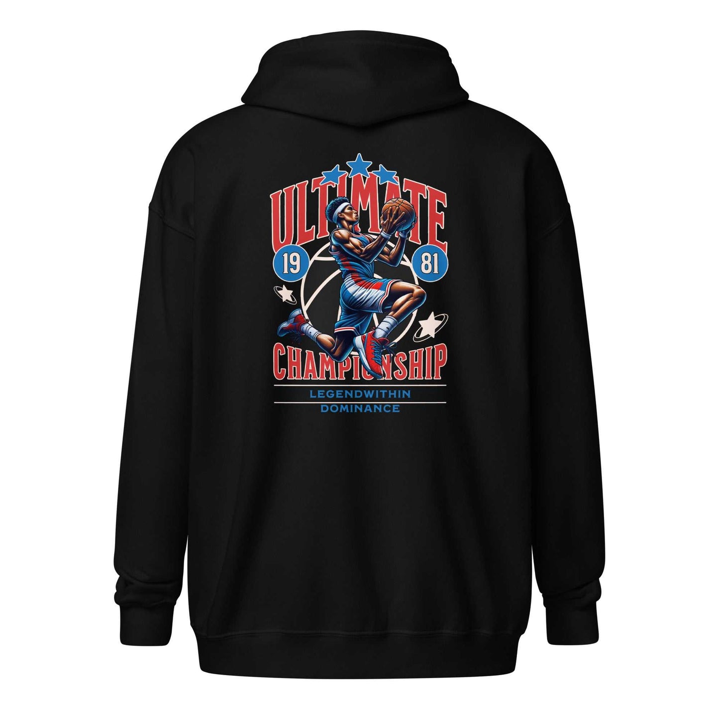 LegendWithin Dominance black heavy blend zip hoodie with basketball graphic and championship text on back