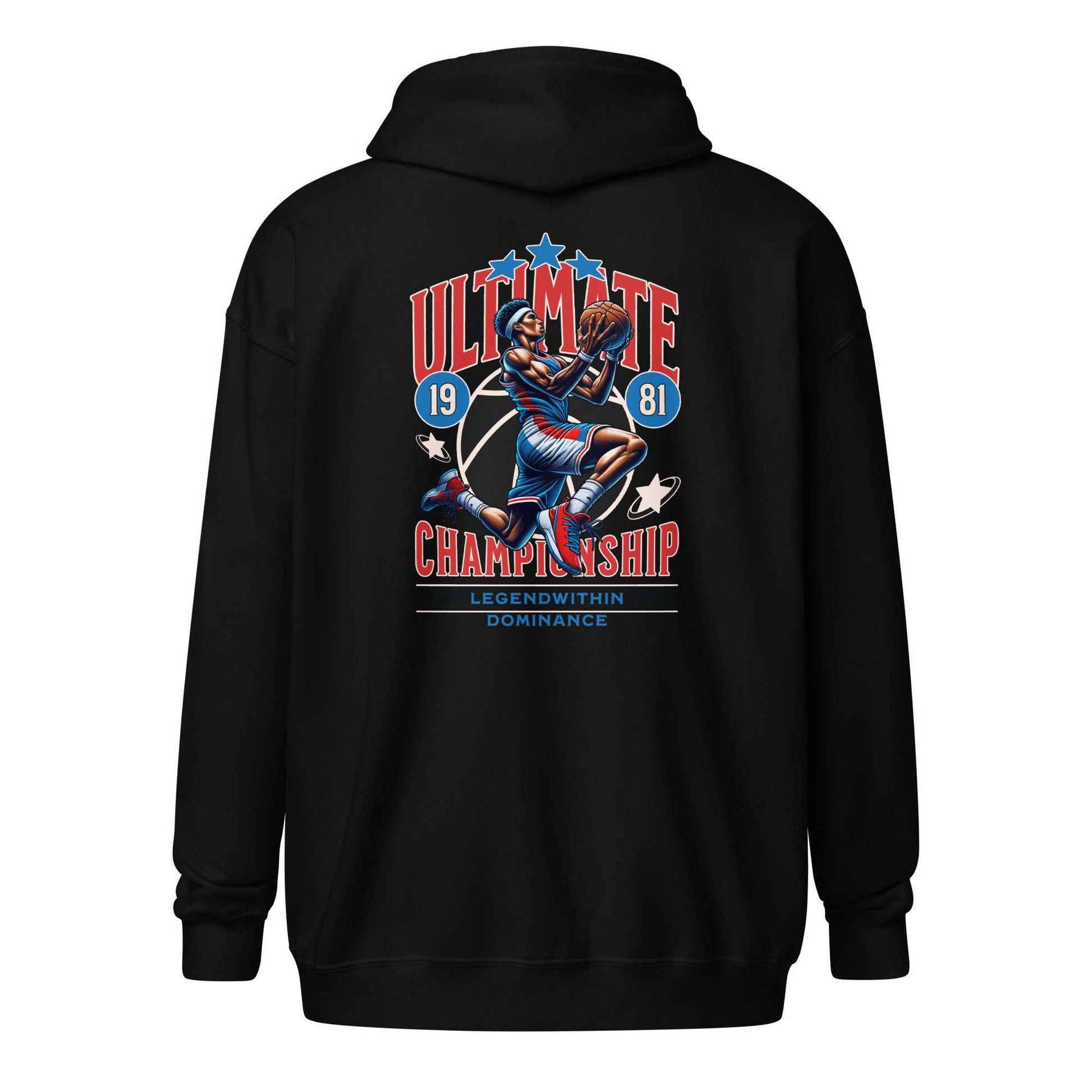 LegendWithin Dominance black heavy blend zip hoodie with basketball graphic and championship text on back
