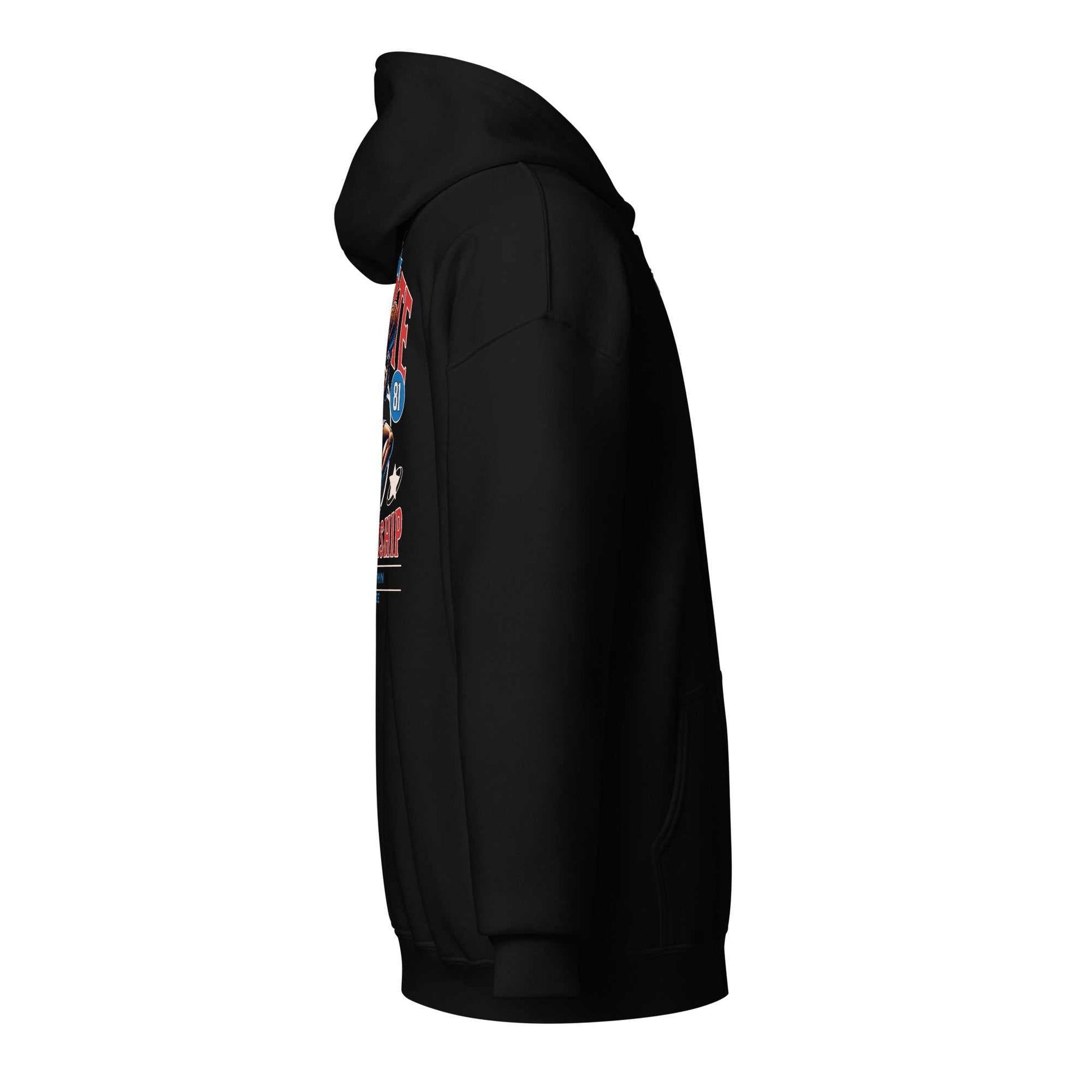 Side view of LegendWithin Dominance heavy blend black zip hoodie with hood and front pockets