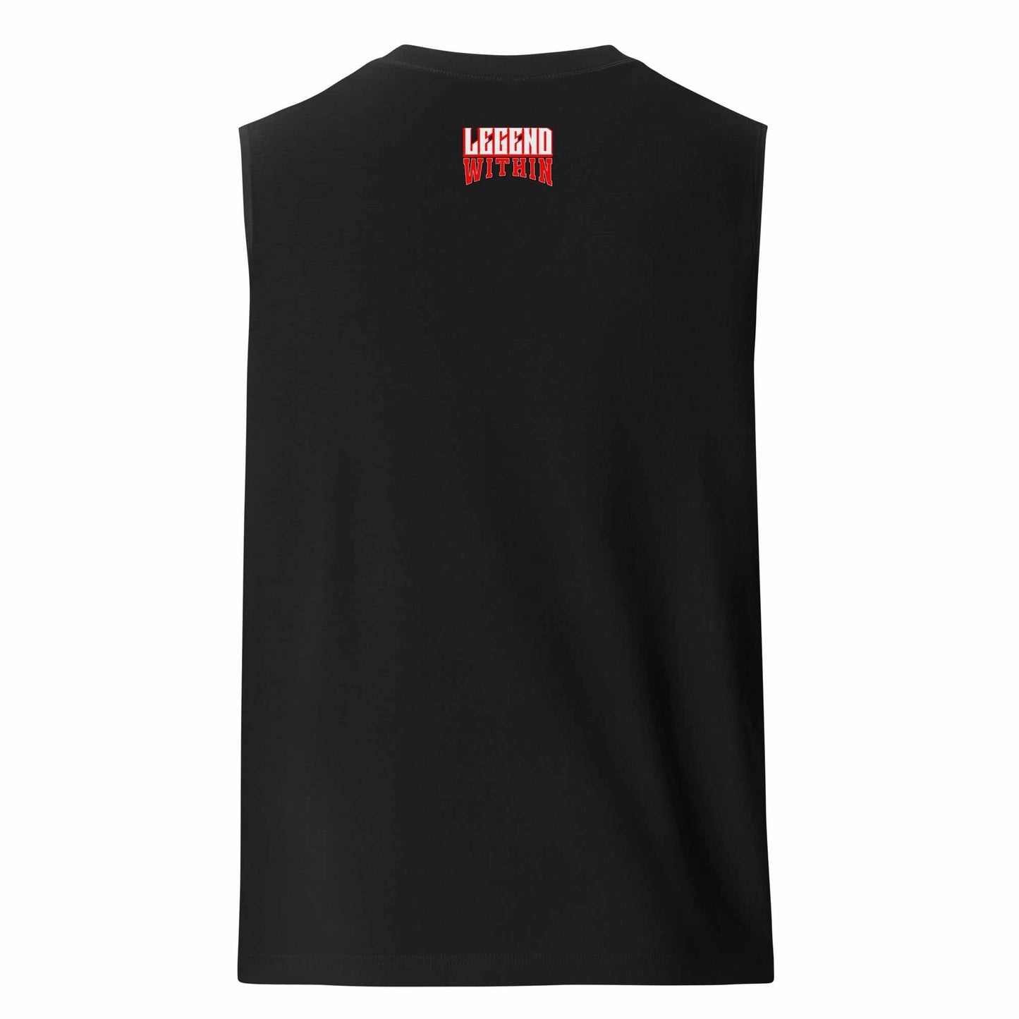 Back view of black LEGENDWITHIN Muscle Shirt sleeveless tank with relaxed fit and red logo on upper back