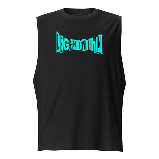 Black Legendwithin Muscle Shirt with turquoise graphic text and wide, low-cut armholes in a relaxed fit design