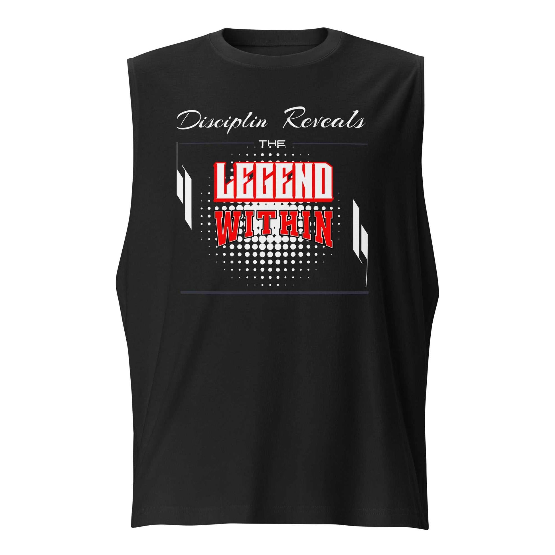 black LEGENDWITHIN Muscle Shirt sleeveless tank with red and white graphic text and relaxed fit