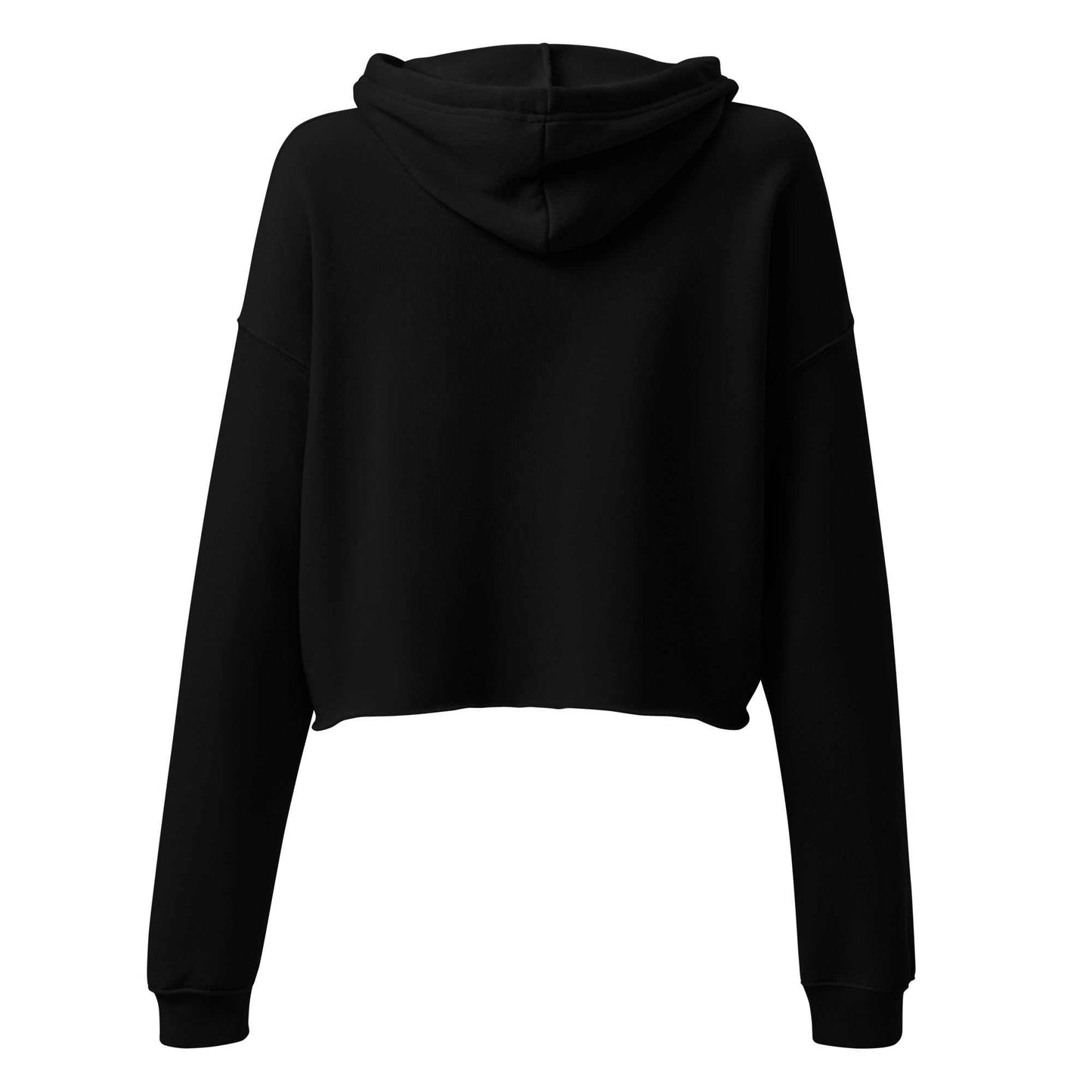 Black SOAURA'S Crop Hoodie with raw hem, dropped shoulder, and matching drawstrings, made of cotton-poly fleece blend.