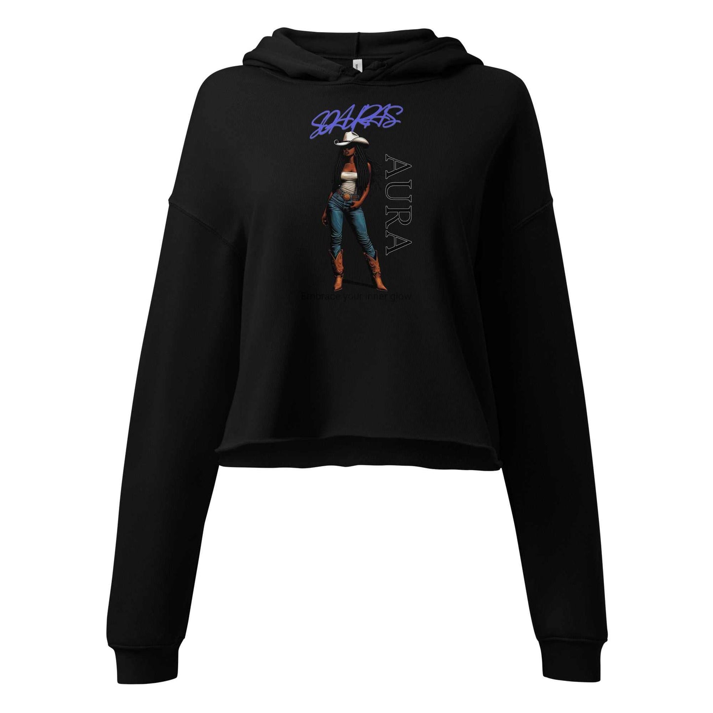 Black SOAURA'S Crop Hoodie with dropped shoulders, raw hem, matching drawstrings, and graphic print front design.