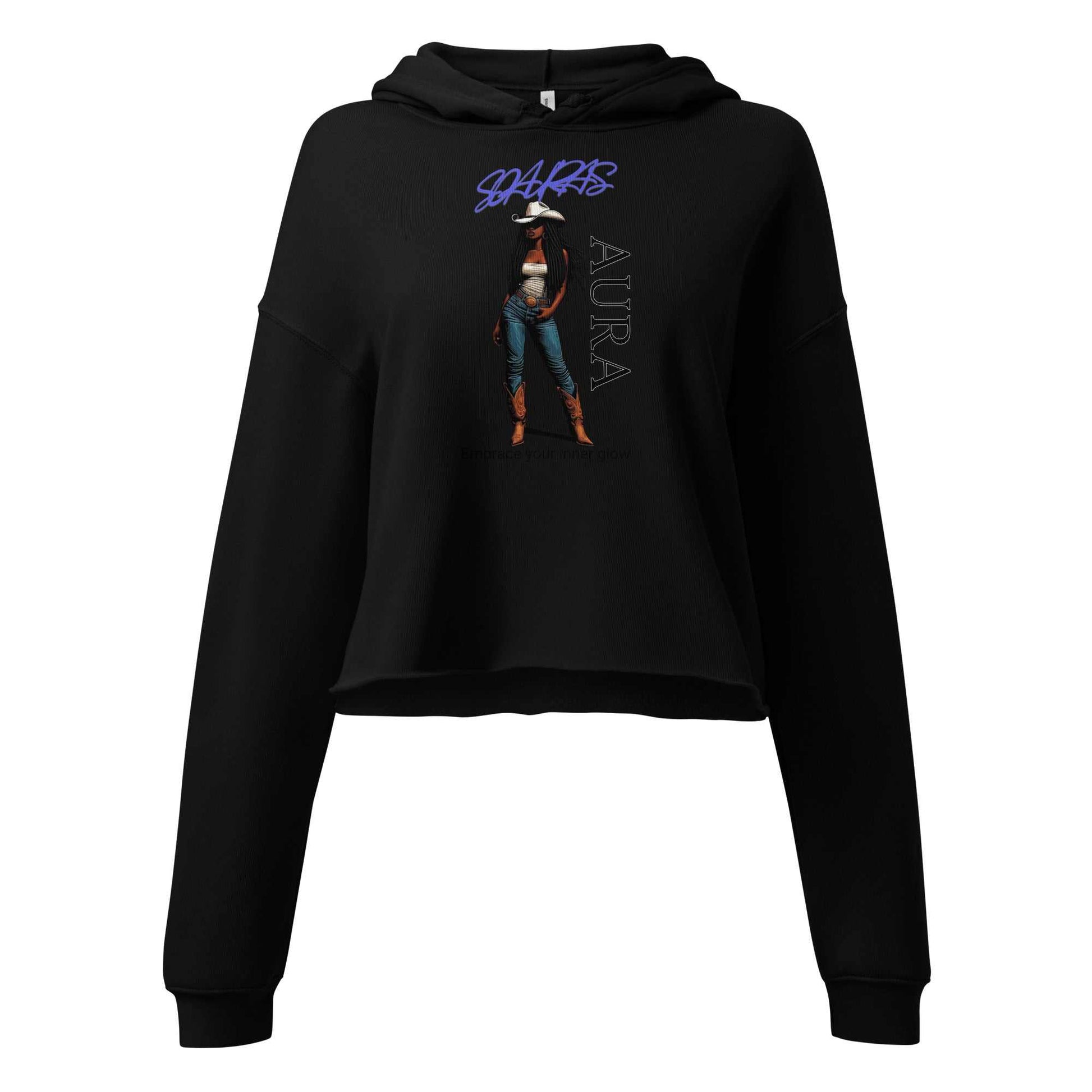 Black SOAURA'S Crop Hoodie with dropped shoulders, raw hem, matching drawstrings, and graphic print front design.