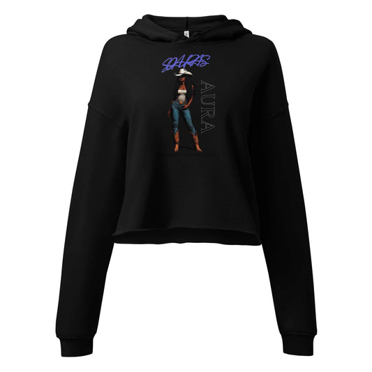 Black SOAURA'S Crop Hoodie with dropped shoulders, raw hem, matching drawstrings, and graphic print front design.