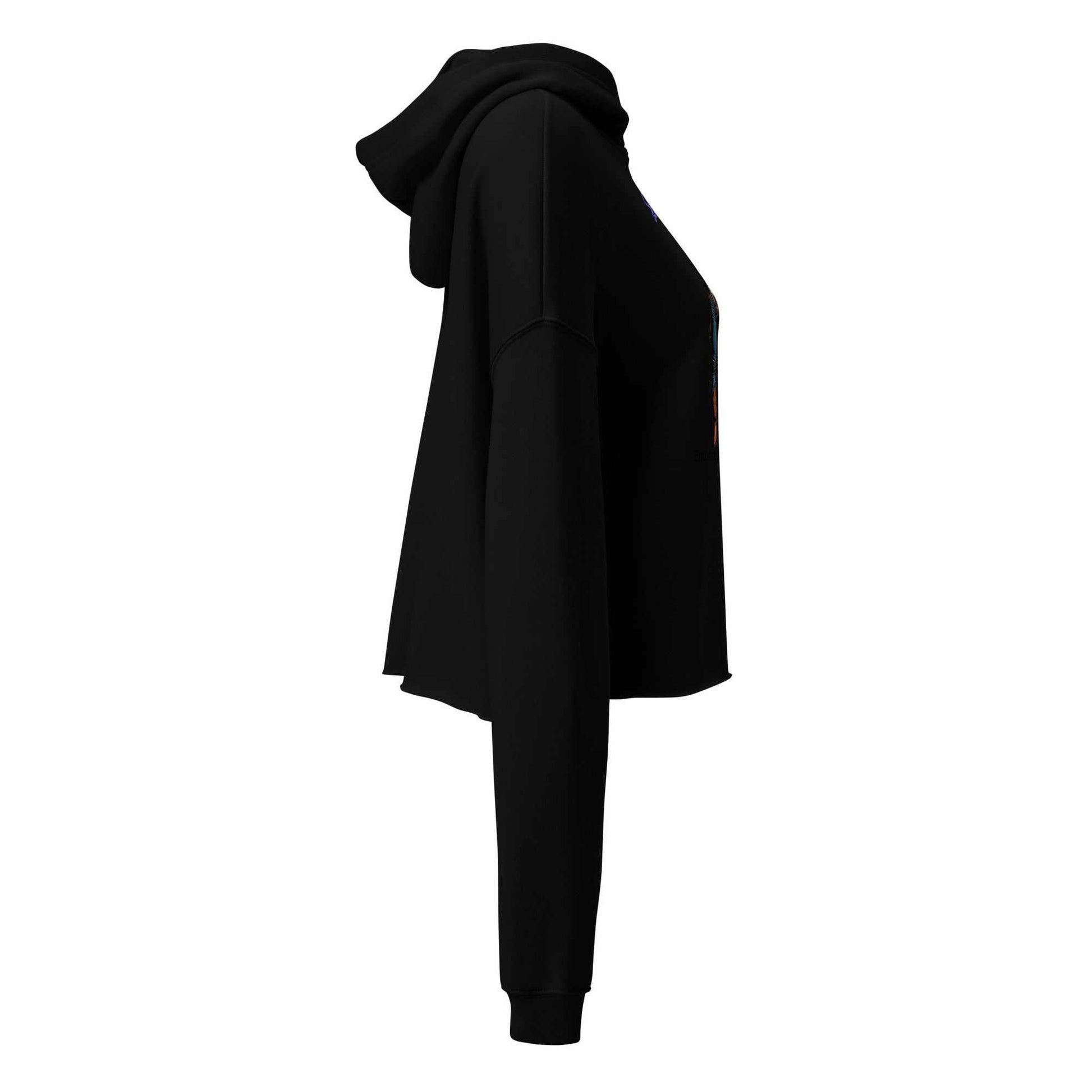 SOAURA'S Crop Hoodie black cropped hoodie with raw hem and dropped shoulder cut side view
