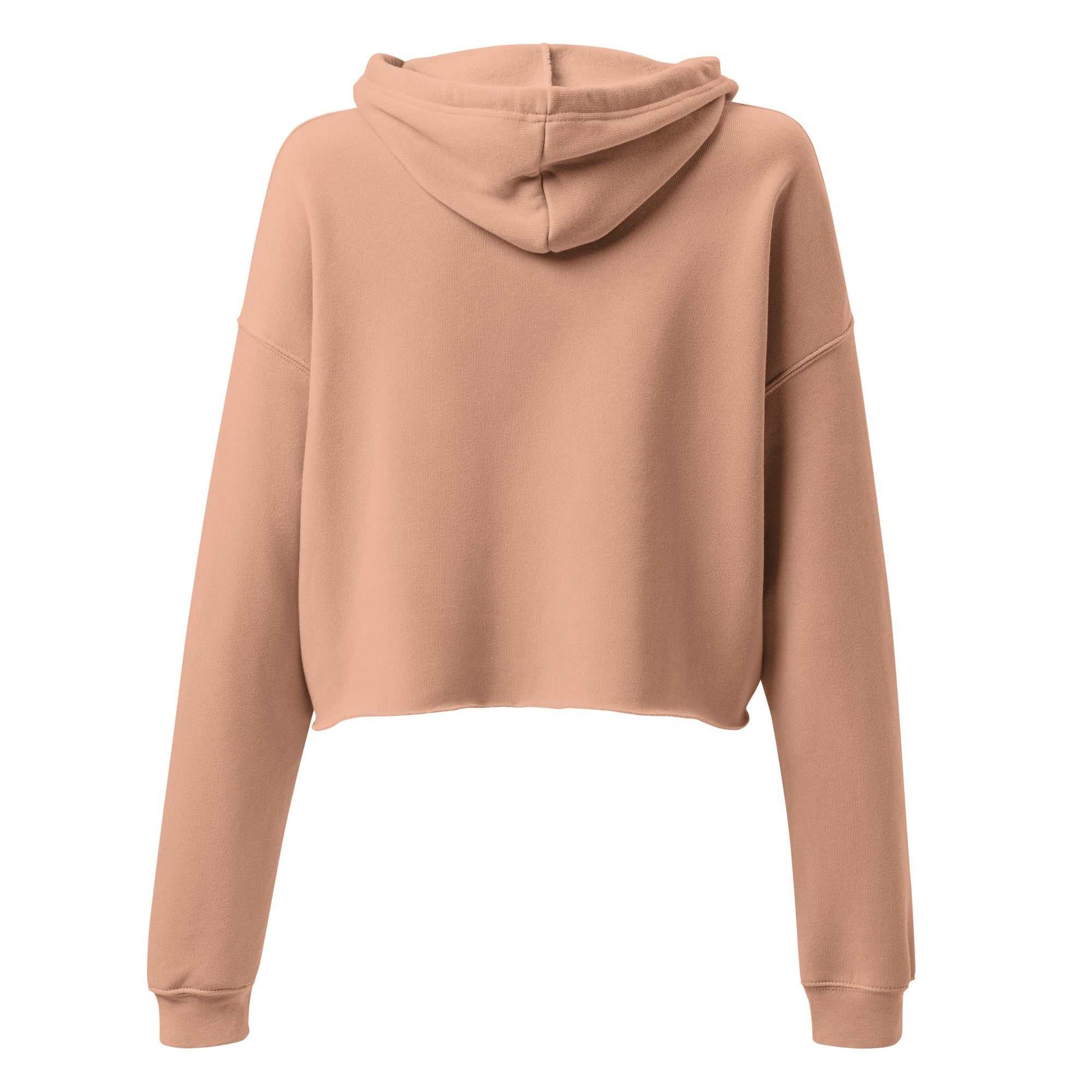 SOAURA'S Crop Hoodie in beige with raw hem, dropped shoulder, and matching drawstrings, back view