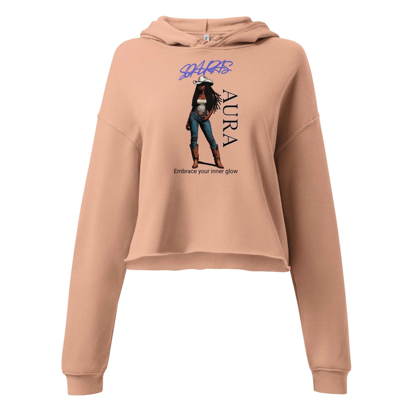 SOAURA'S Crop Hoodie beige cropped hoodie with raw hem and graphic print of woman, dropped shoulder fit, dyed drawstrings