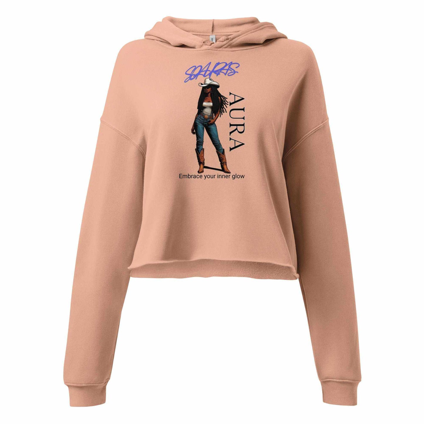 SOAURA'S Crop Hoodie with raw hem, dropped shoulder, and graphic print on blush pink fleece fabric