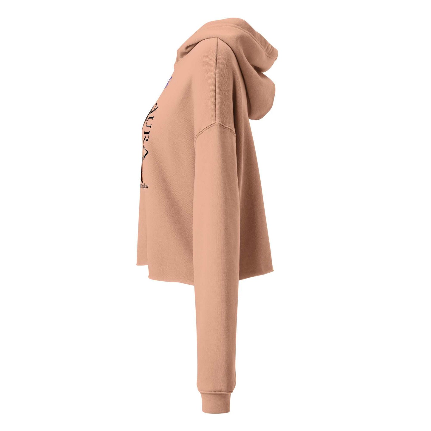 Side view of SOAURA'S Crop Hoodie in beige with dropped shoulder, cropped body, raw hem, and matching drawstrings