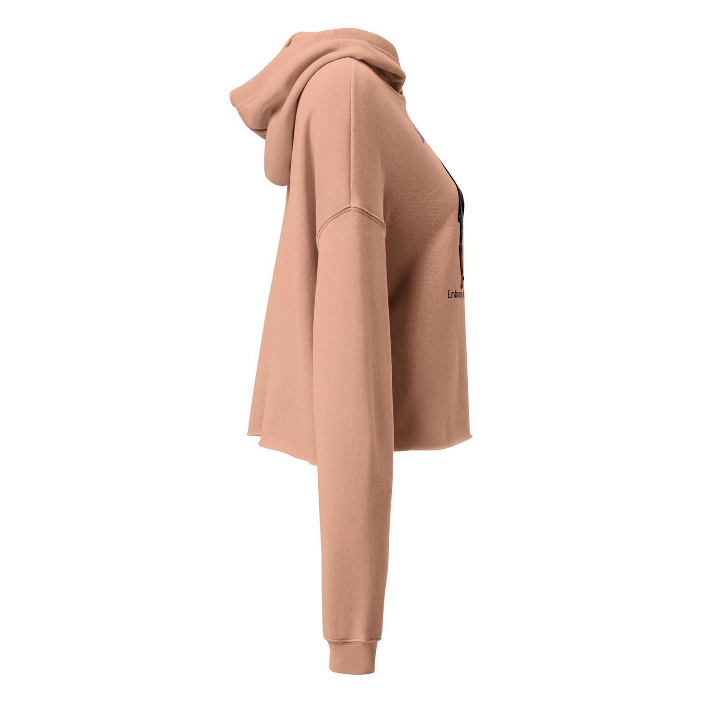SOAURA'S Crop Hoodie in beige with dropped shoulder, raw hem, and matching drawstrings