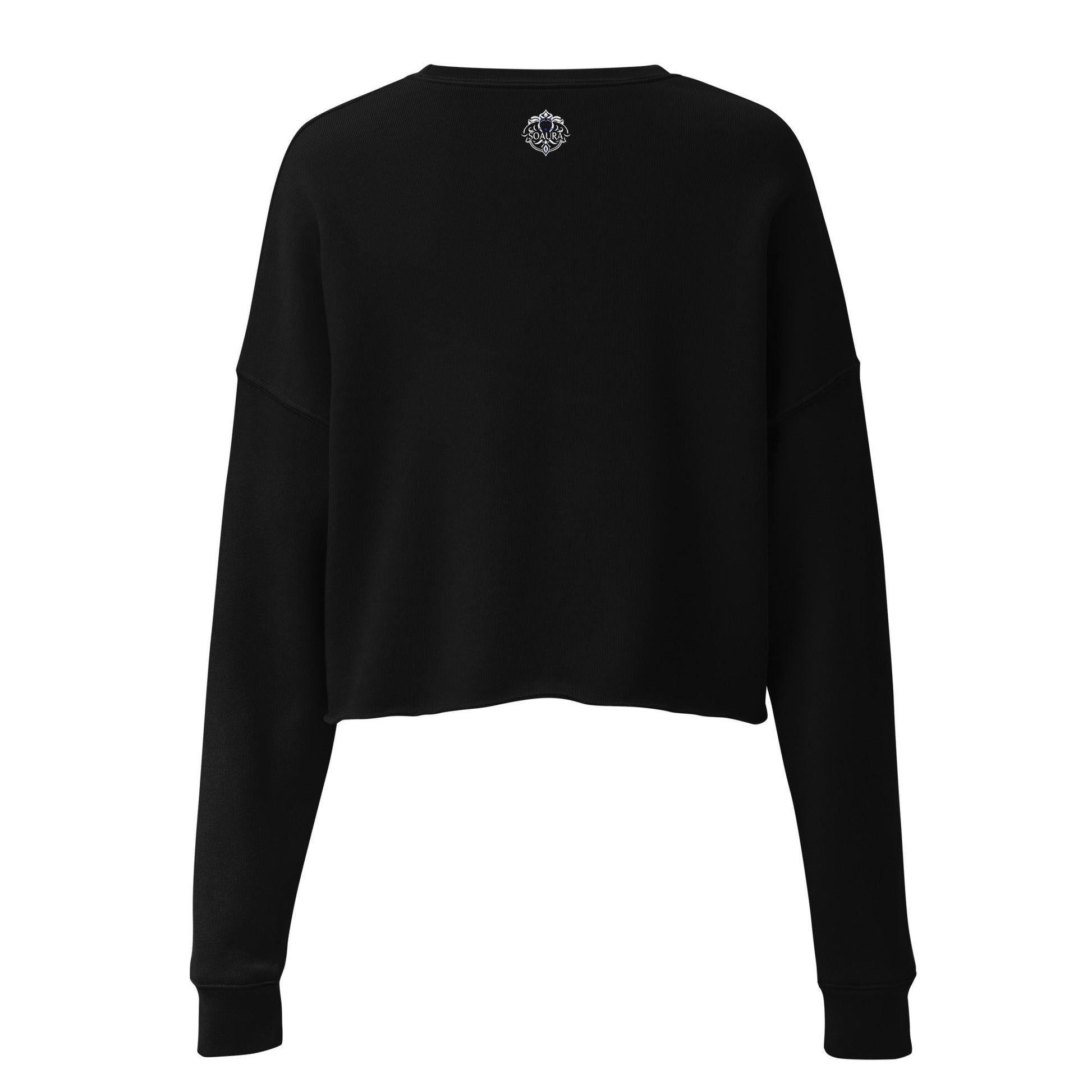 Black SOAURA'S crop sweatshirt with ribbed neckline and raw hem, dropped shoulder design, and long sleeves.