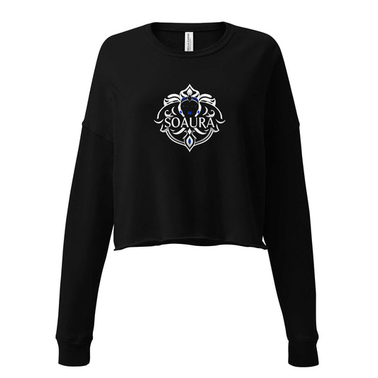Black SOAURA'S crop sweatshirt with ribbed neckline and raw hem, featuring a white and blue logo design.