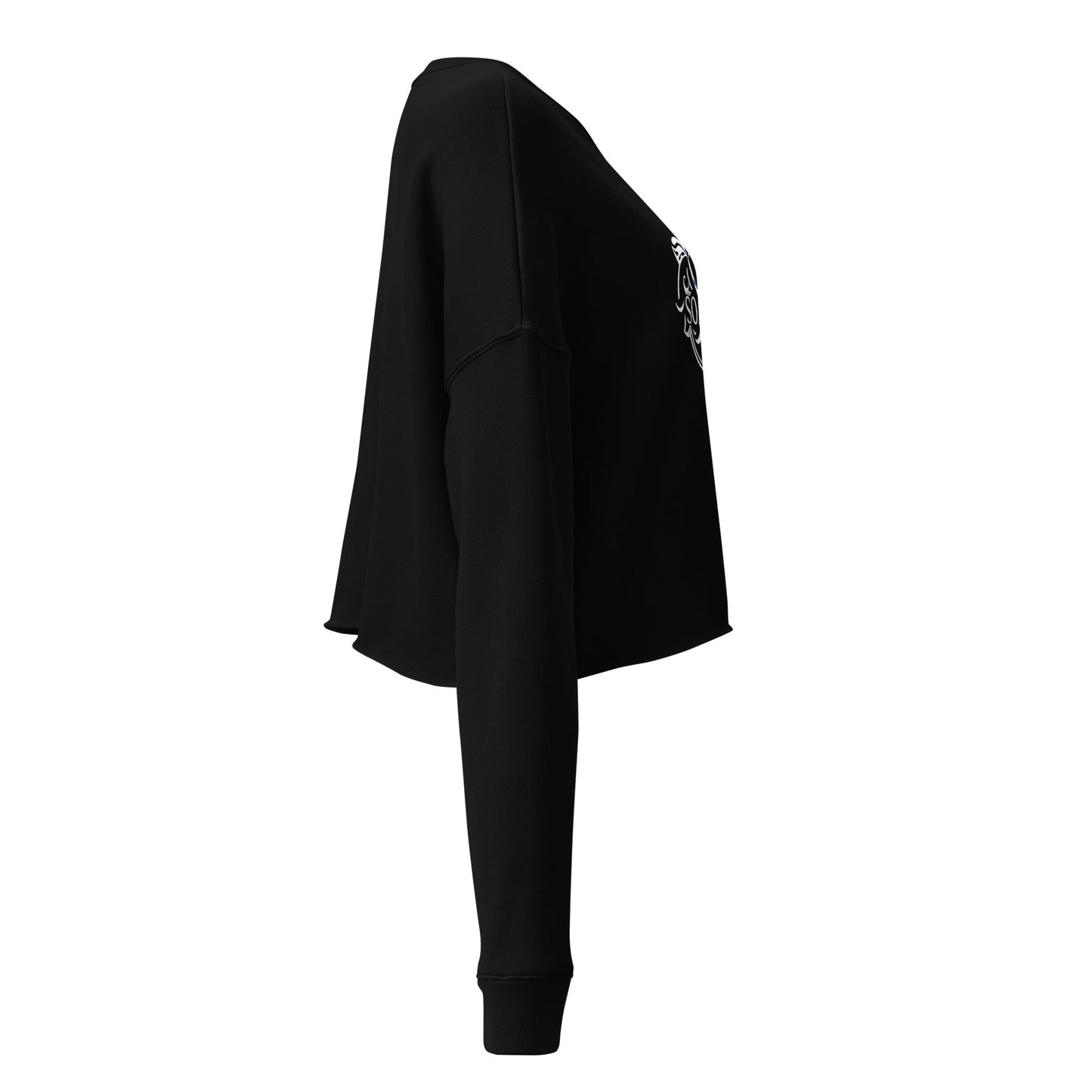 Side view of black SOAURA'S Crop Sweatshirt with ribbed neckline and raw hem, featuring dropped shoulder cut and long sleeves
