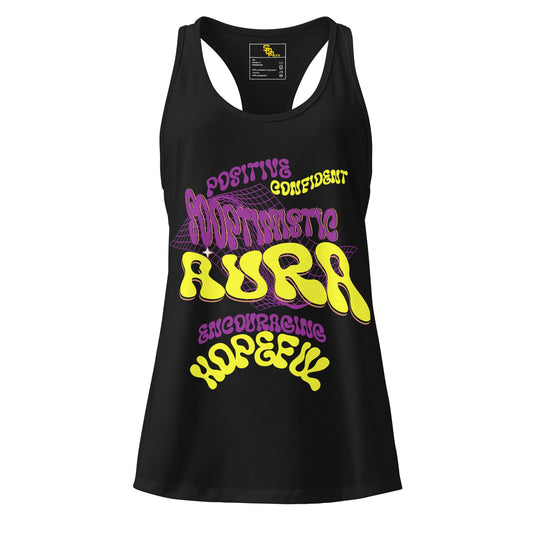 Black women's fitted racerback tank top with colorful positive and hopeful graphic text design