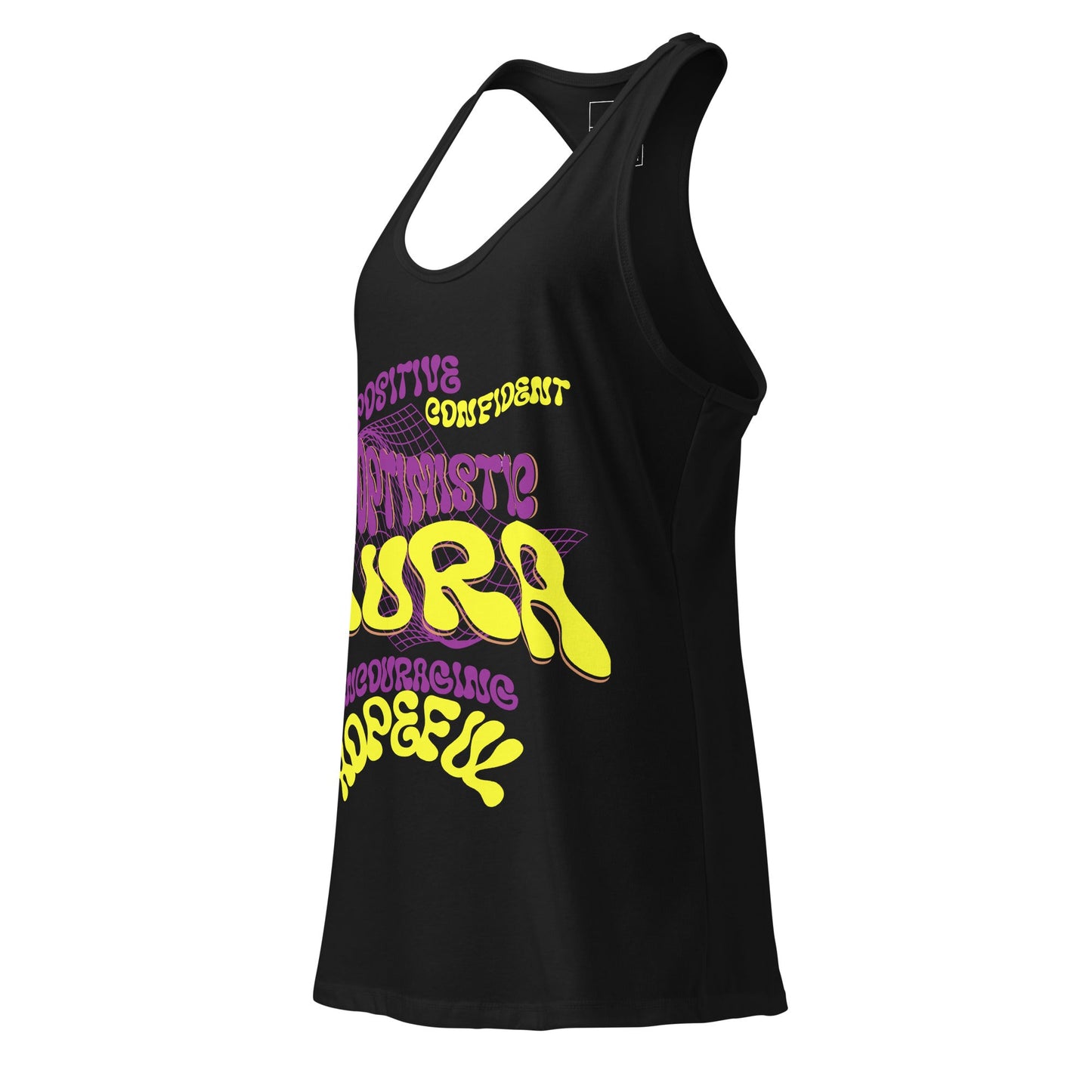 Black SOAura women’s fitted racerback tank top with colorful positive words graphic, lightweight and breathable ideal for active wear.