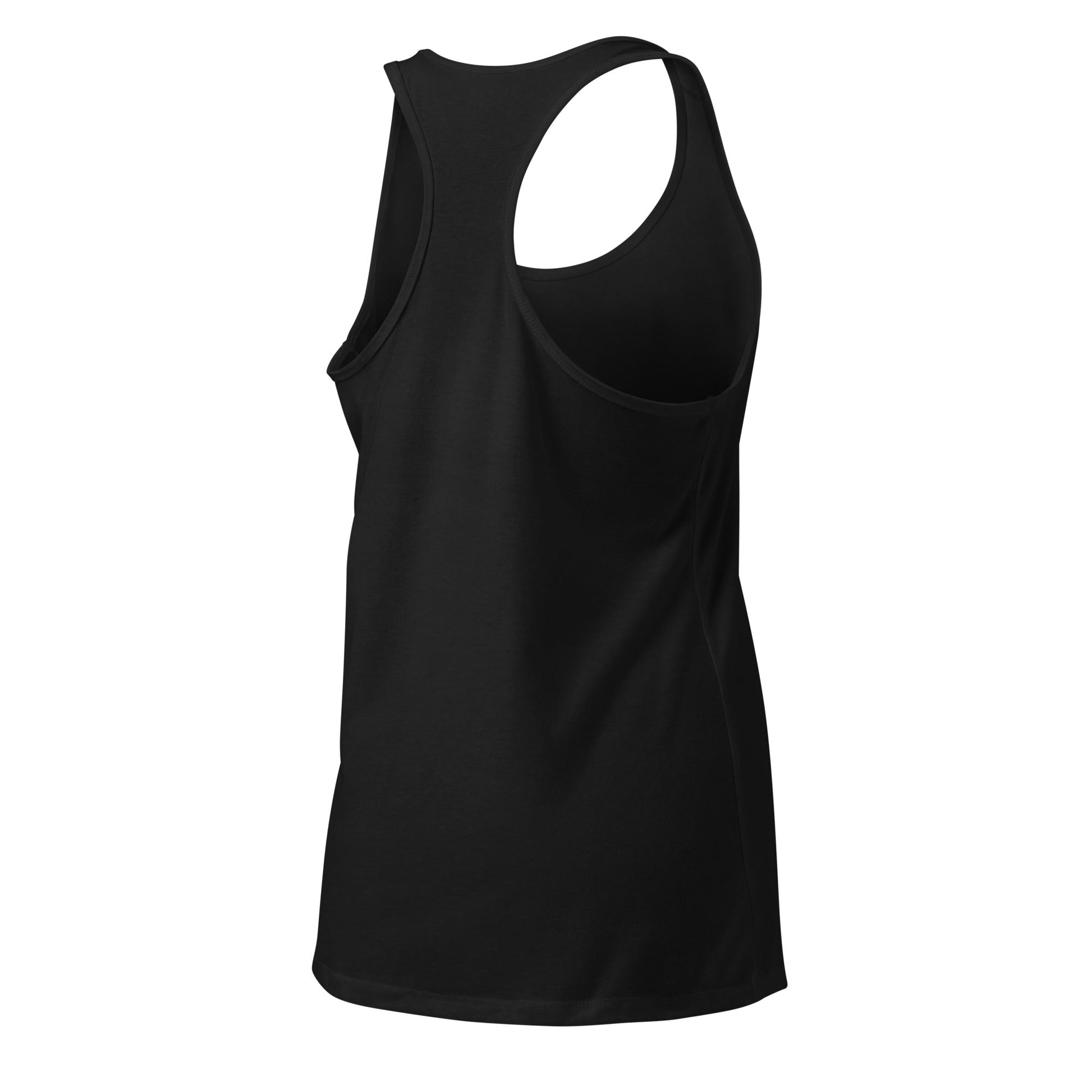 Black women’s fitted racerback tank top, lightweight and breathable for active wear.
