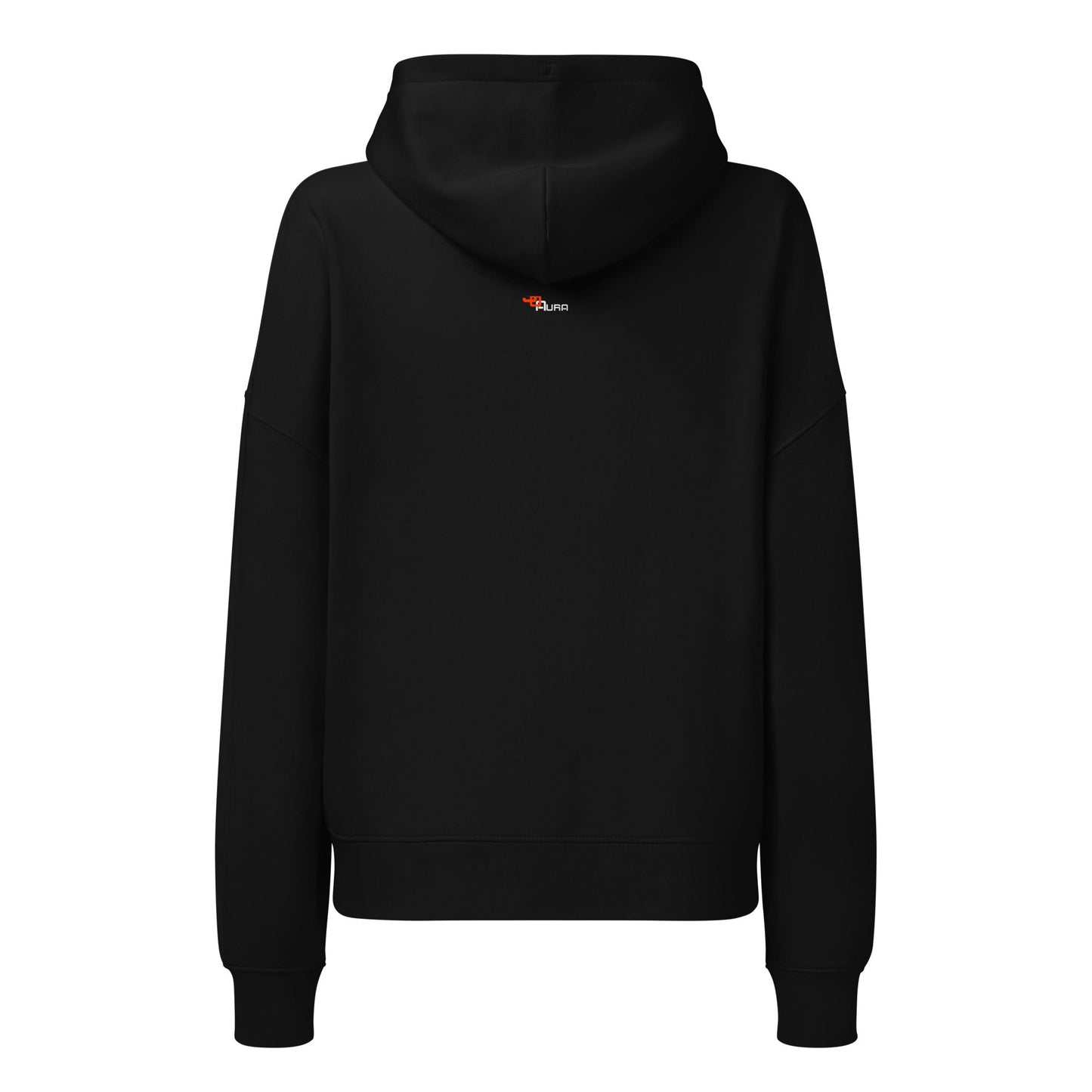 Back view of SOAURA women’s mid-weight black hoodie made from organic cotton and recycled polyester.