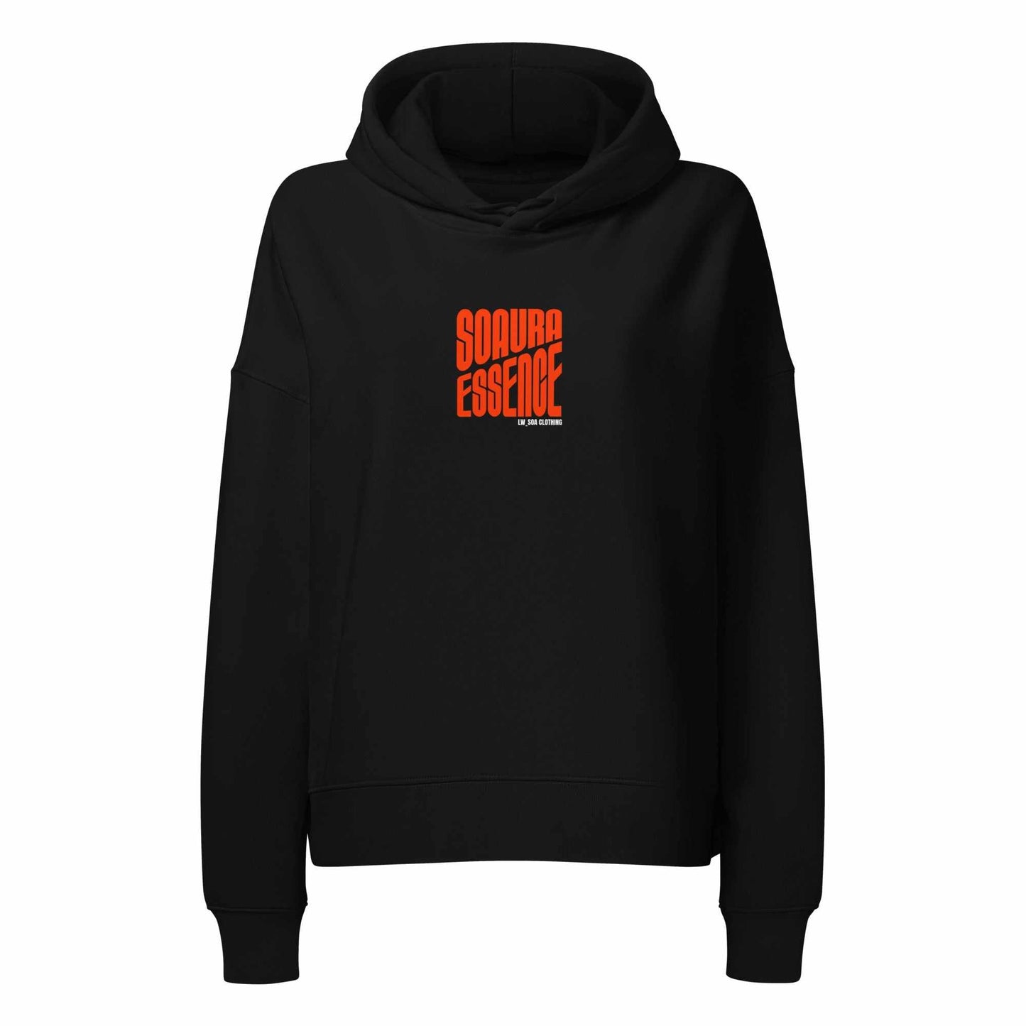 Black SOAURA women's mid-weight hoodie with orange logo, organic cotton blend, medium fit, and double-layered hood.