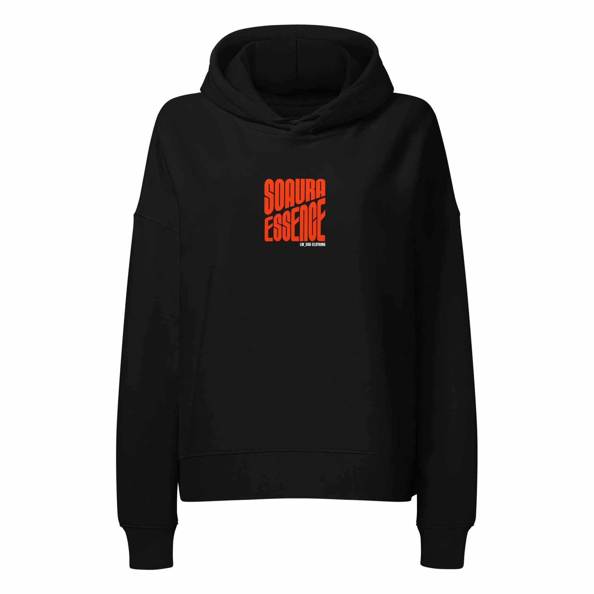 Black SOAURA women's mid-weight hoodie with orange logo, organic cotton blend, medium fit, and double-layered hood.