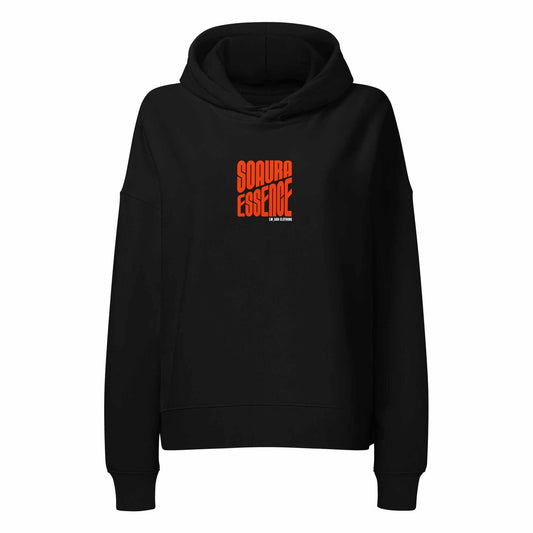 Black SOAURA women's mid-weight hoodie with orange logo, organic cotton blend, medium fit, and double-layered hood.