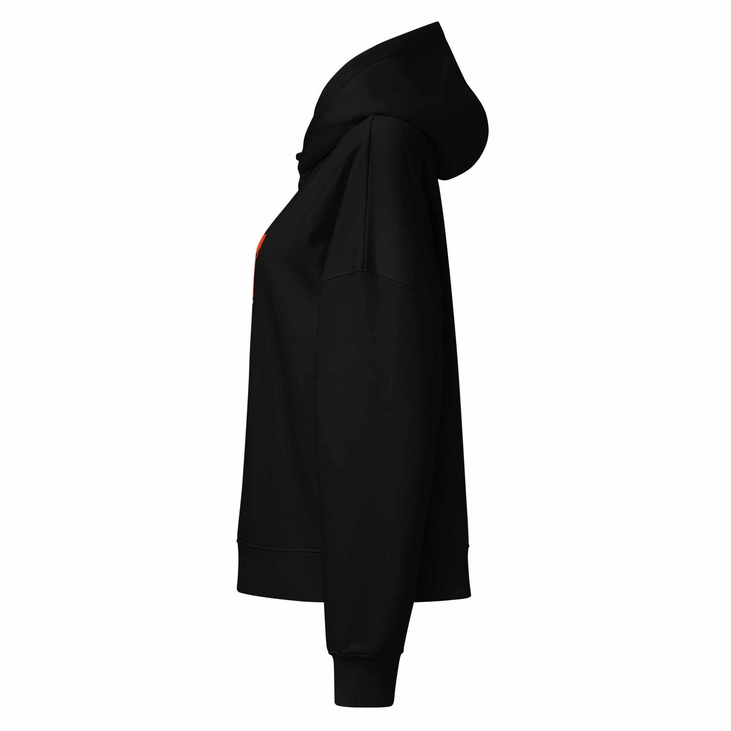 Black SOAURA women’s mid-weight hoodie with dropped shoulders and double-layered hood, made from organic cotton and recycled polyester