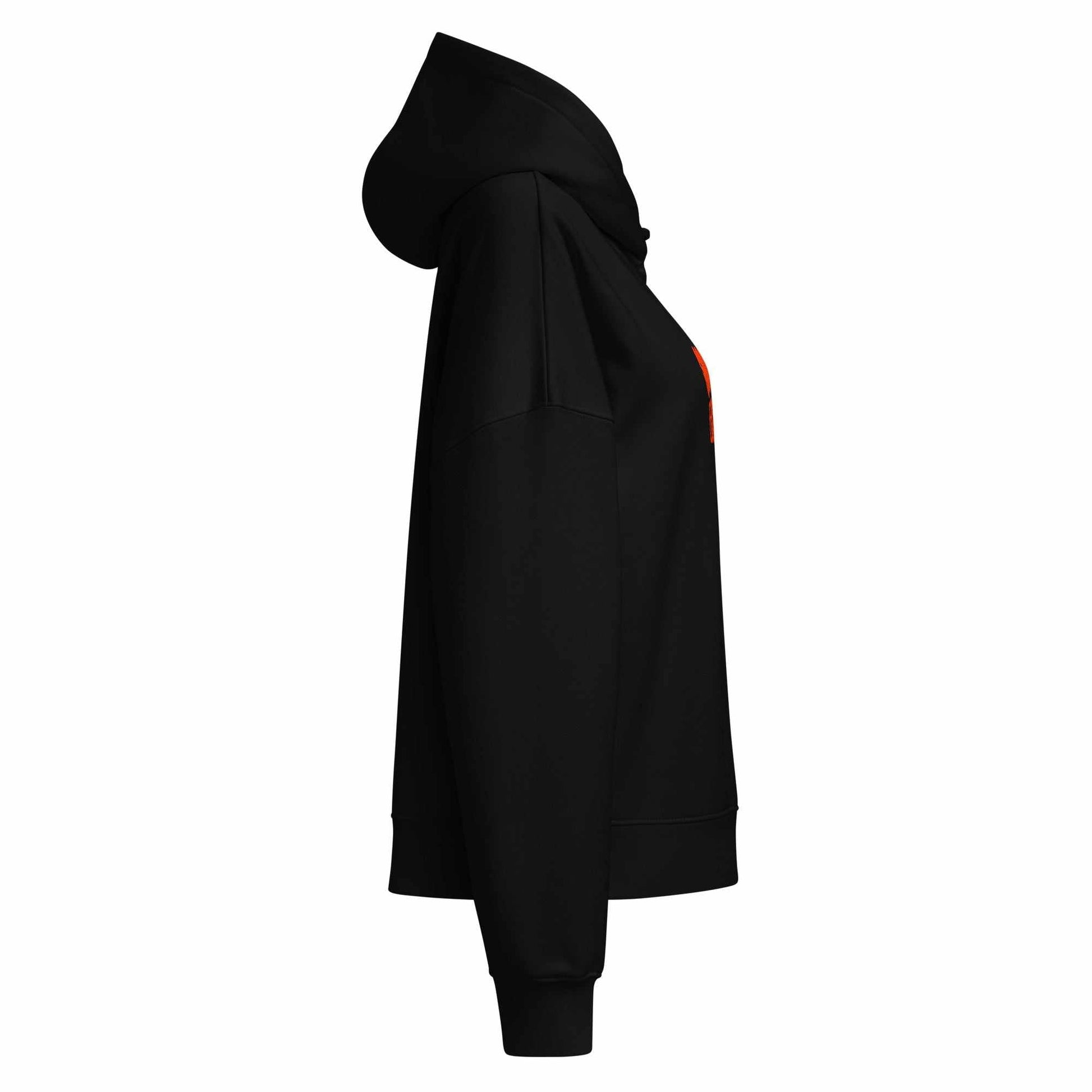 Black SOAURA women’s mid-weight hoodie with organic cotton blend, medium fit, and hooded design, side view