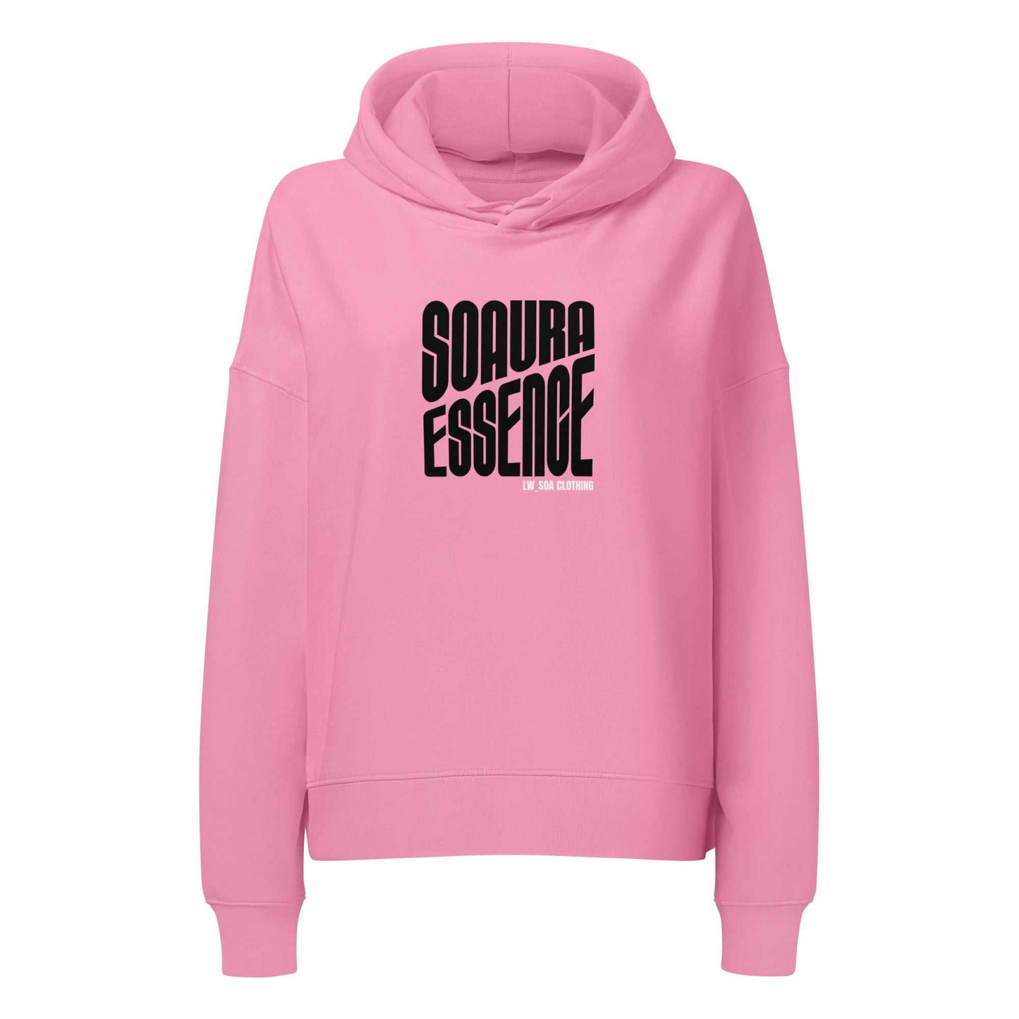 Pink SOAURA Women’s mid-weight hoodie with black graphic print, organic cotton blend, cozy fit and hood.