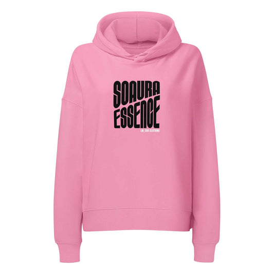 Pink SOAURA Women’s mid-weight hoodie with black graphic print, organic cotton blend, cozy fit and hood.