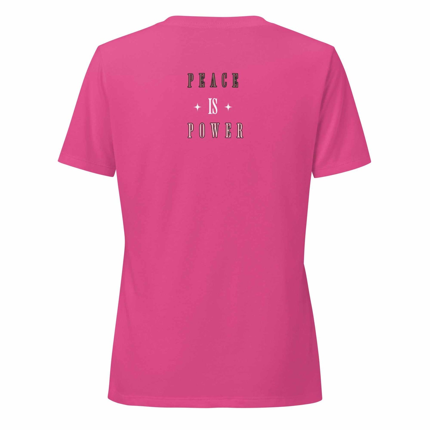 Women wearing Peace Is Power V-neck t-shirt with relaxed fit and soft fabric in heather color
