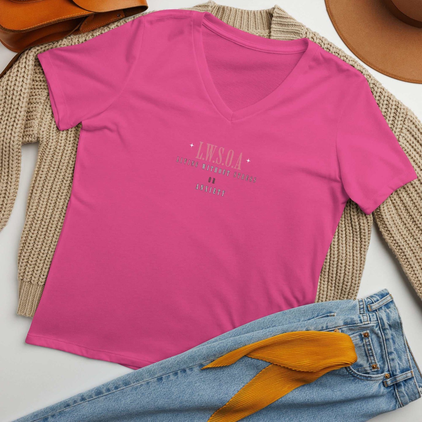 Women wearing Peace Is Power relaxed fit V-neck t-shirt in soft heather fabric