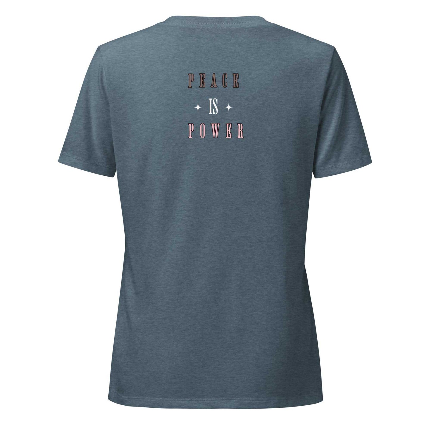 Women wearing Peace Is Power relaxed fit V-neck t-shirt in soft heather fabric