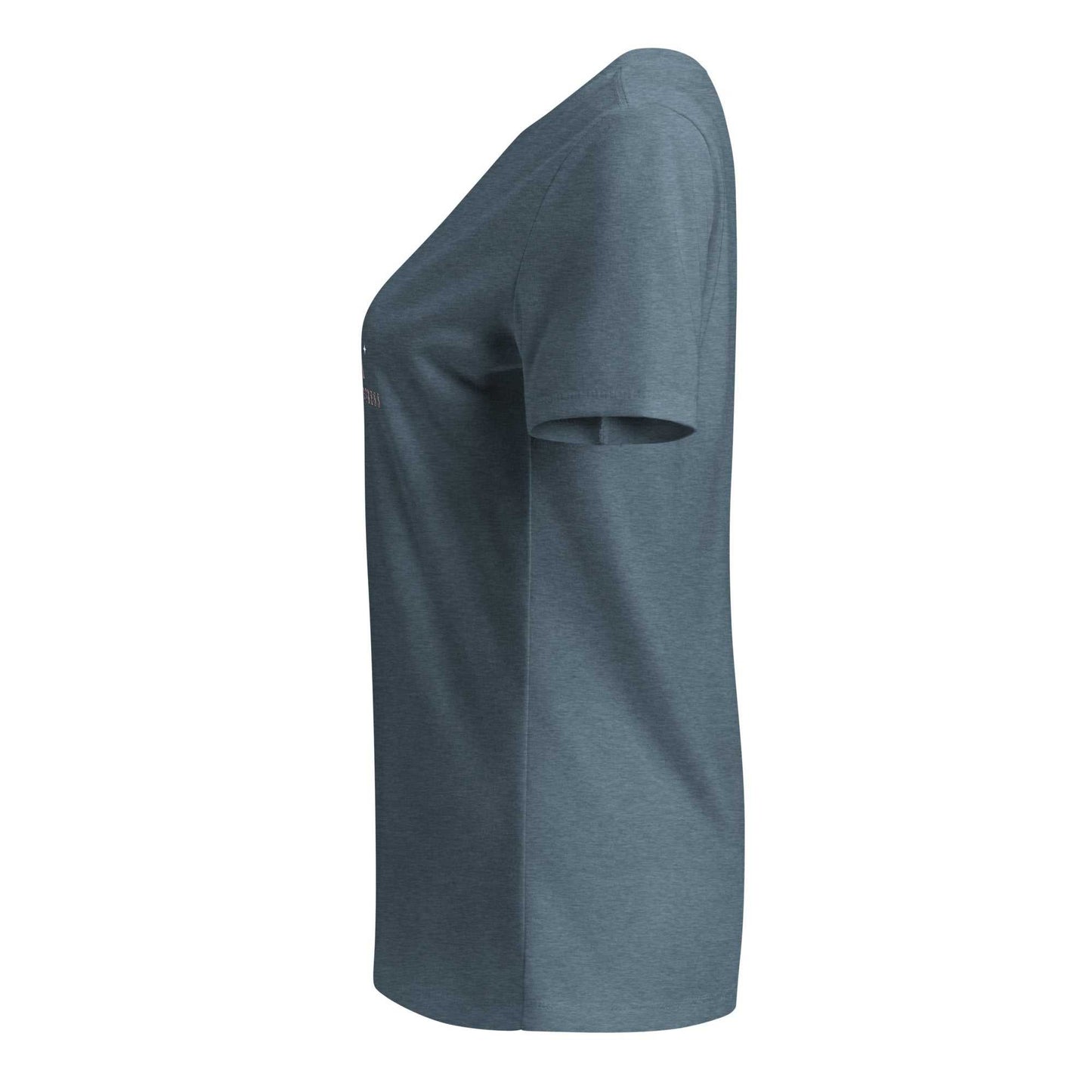 Women wearing Peace Is Power V-neck t-shirt in heather color with relaxed fit and soft fabric