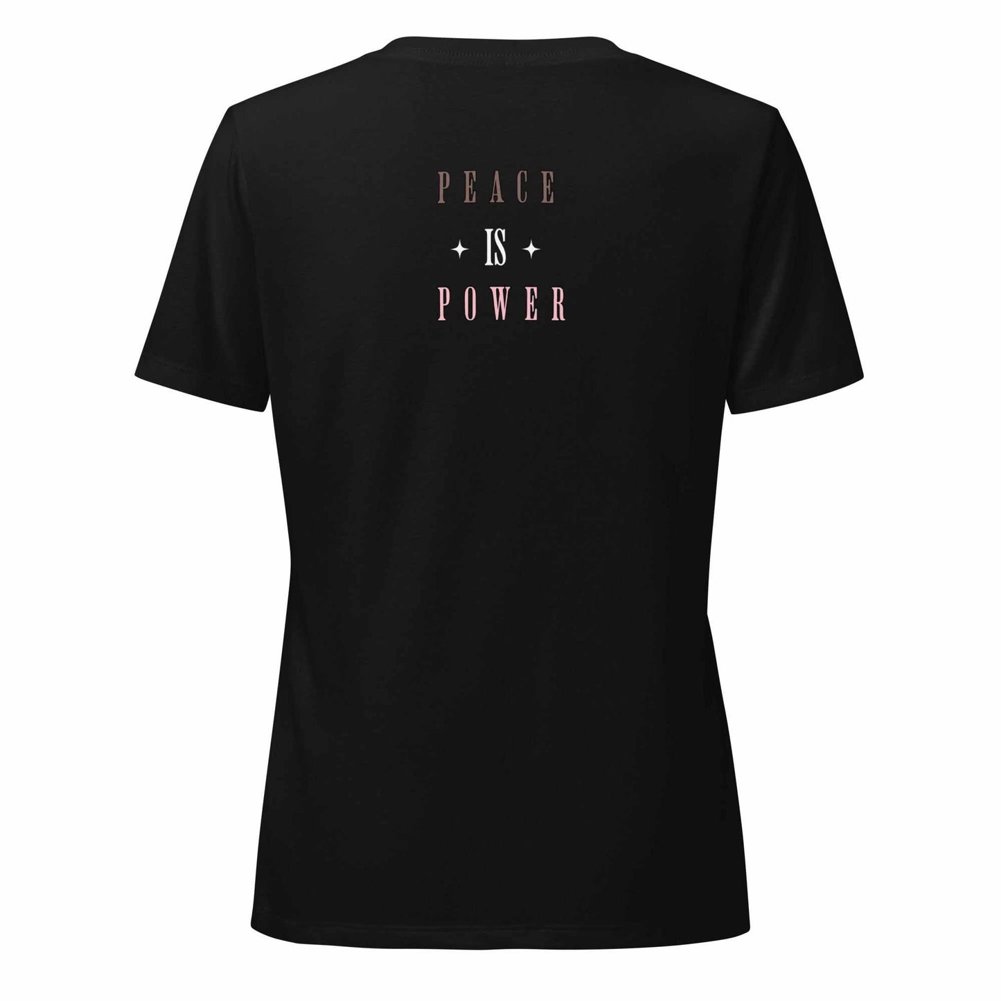 Women's Peace Is Power V-neck t-shirt in heather color with relaxed fit and soft fabric